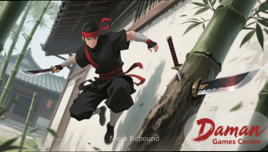 Ninja Rebound game screenshot showing a ninja character bouncing through obstacles
